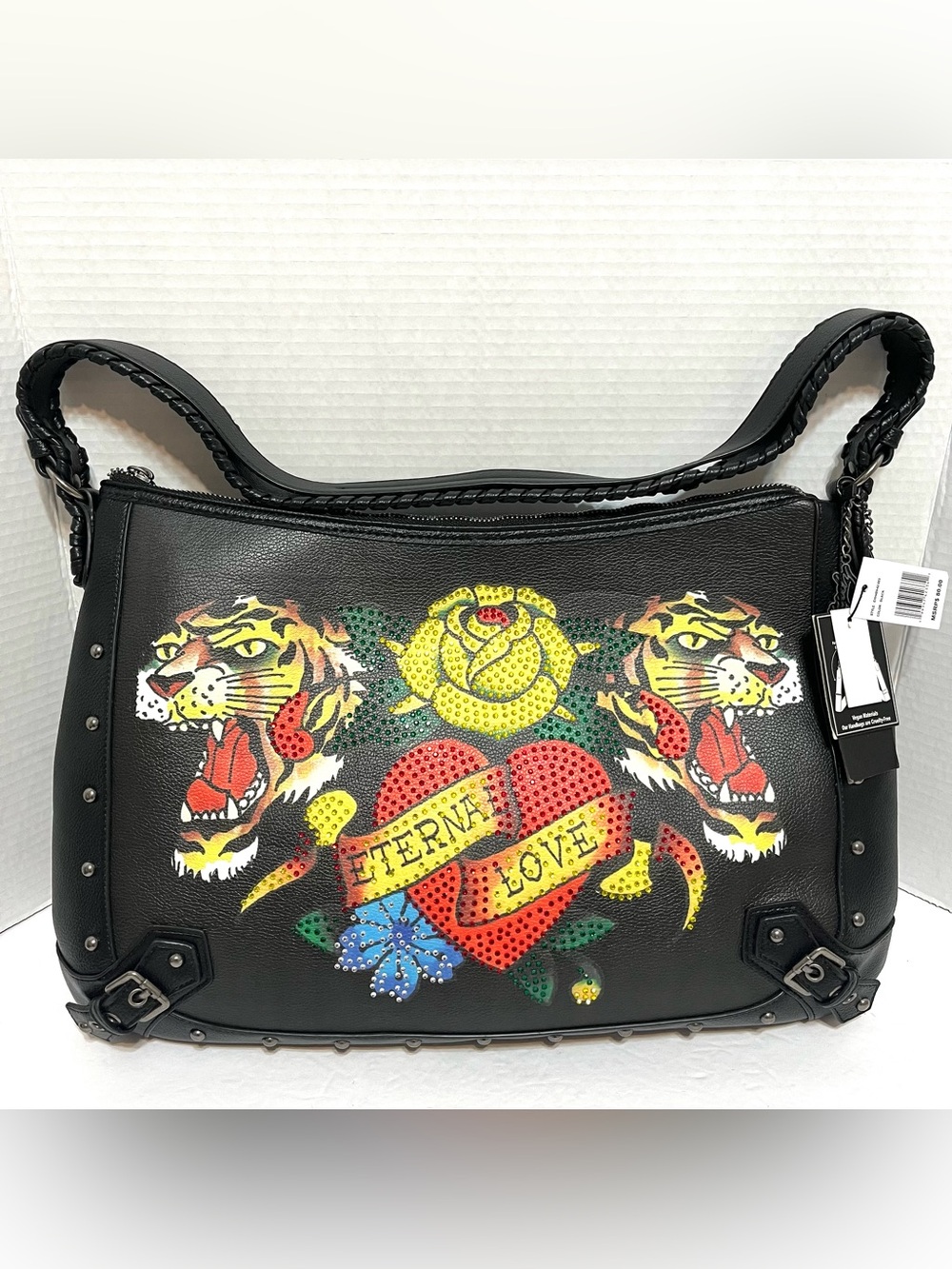 Ed Hardy Black Shoulder Bag with Colorful Tattoo Heart and Tiger Design